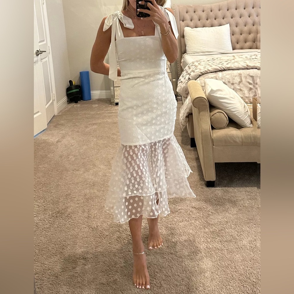 Lovers + Friends White Polka Dot Fit and Flare Midi Dress with Chiffon Overlay